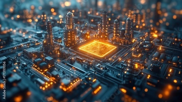 Fototapeta Abstract Futuristic Digital Cityscape and Circuit Board with Glowing Lights and High-Tech Components, Representing AI and Data Flow