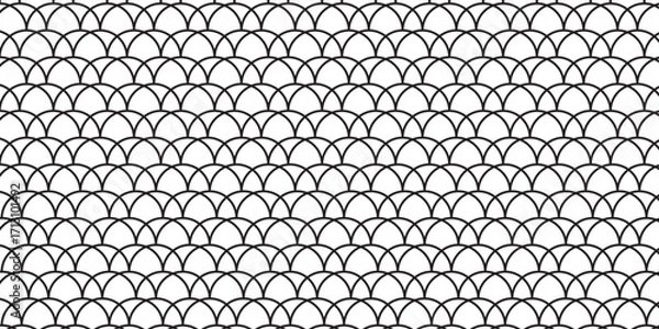 Fototapeta Fish scale wallpaper. Asian traditional ornament with repeated scallops. Repeated black curves on white background. Seamless surface pattern design with semicircles. Grid motif. Digital paper. Vector.
