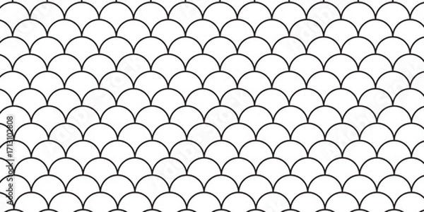 Fototapeta Fish scale wallpaper. Asian traditional ornament with repeated scallops. Repeated black curves on white background. Seamless surface pattern design with semicircles. Grid motif. Digital paper. Vector.