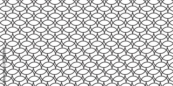 Fototapeta Fish scale wallpaper. Asian traditional ornament with repeated scallops. Repeated black curves on white background. Seamless surface pattern design with semicircles. Grid motif. Digital paper. Vector.