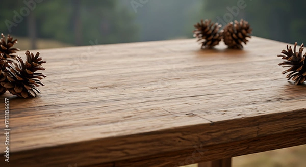 Fototapeta Close-up shot of a wooden table adorned with pine cones, seamlessly blending rustic charm with natural simplicity.