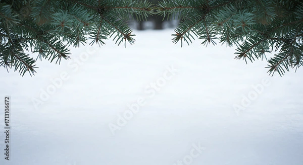 Fototapeta A serene and tranquil winter scene, featuring a close-up of pine branches delicately framing a pristine expanse of fresh snow, creating a sense of calm and stillness.