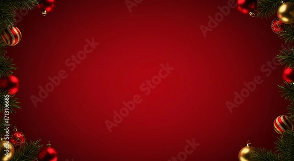 Fototapeta A festive holiday themed background with ornate red and gold baubles and elegant fir branches encircling a central space for custom content.