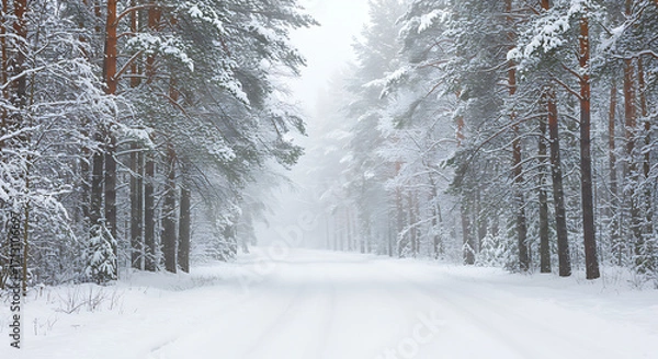 Fototapeta A snowy forest road, a winter wonderland with frosted trees and fresh snowfall, leads the viewer on a journey through a serene, cold landscape.
