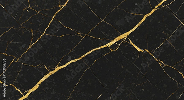 Fototapeta A luxurious and striking black and gold marble surface. The dark, polished background is beautifully veined with intricate gold patterns, creating a timeless texture.
