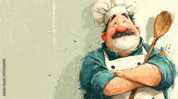 Fototapeta Friendly cartoon chef with wooden spoon on textured background with large copy space, playful restaurant character