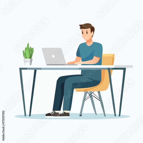 Fototapeta Young Man Working on Laptop at Desk, Modern Office Illustration