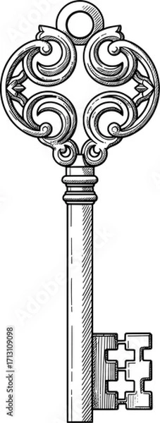 Fototapeta Antique ornate key with intricate scrollwork handle and detailed bit, vintage design, engraved illustration