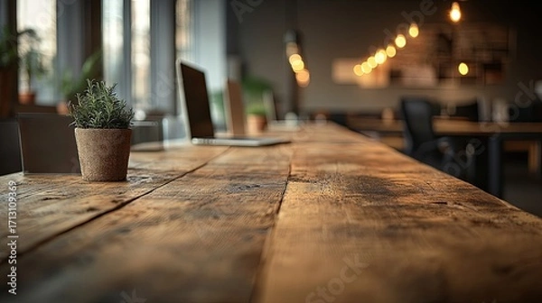Fototapeta Long Rustic Wooden Table with Potted Rosemary Plant in a Modern Blurry Office Setting with Warm Bokeh Lights and Natural Light