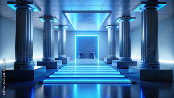 Fototapeta Futuristic Minimalist Architectural Interior with Blue Neon Lighting and Symmetrical Design
