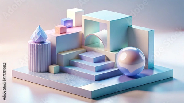 Fototapeta Minimalist Abstract 3D Geometric Art in Pastel Colors with Isometric Perspective and Soft Lighting