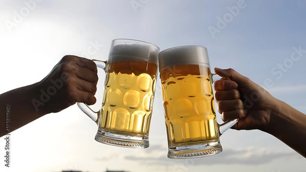 Fototapeta Hands clinking beer mugs in a joyful toast against a bright sky.