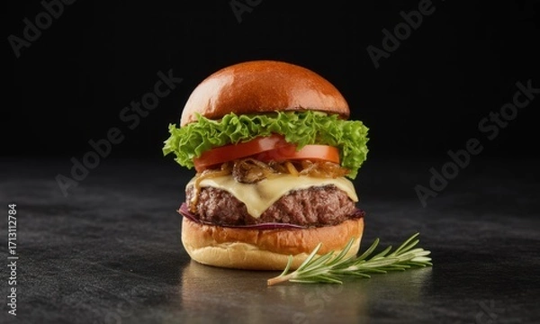 Fototapeta Gourmet burger on a dark stone surface.  Freshly prepared burger with toasted bun, juicy patty, melted cheese, lettuce, tomato, caramelized onions, and a sprig of rosemary