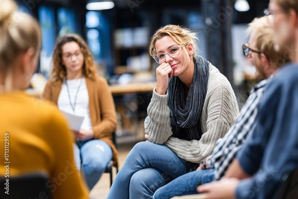 Fototapeta Woman  wearing sweater resting hand on face in group therapy session with blurred participants in white room background