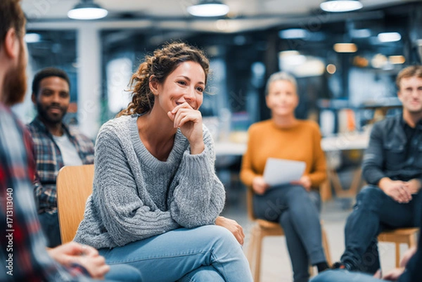 Fototapeta Woman  wearing sweater resting hand on face in group therapy session with blurred participants in white room background