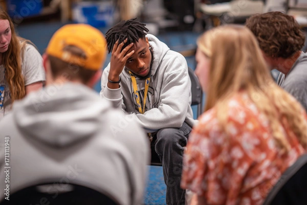 Fototapeta Young Man in Hoodie with Yellow Lanyard Holding Head During Group Session in Classroom with Blue Floor and Other Students