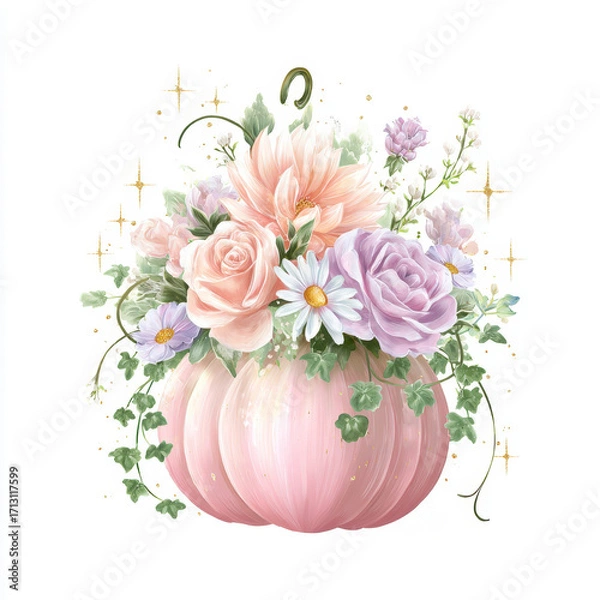 Fototapeta Soft pink pumpkin overflowing with delicate floral arrangement and whimsical details