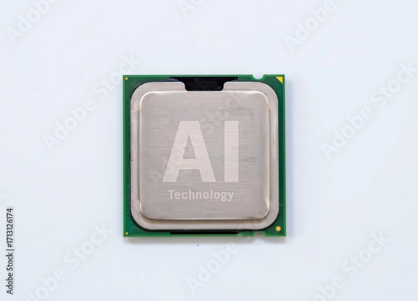 Fototapeta AI-labeled processor chip isolated on white background, showing front side and metallic surface, symbolizing modern artificial intelligence.