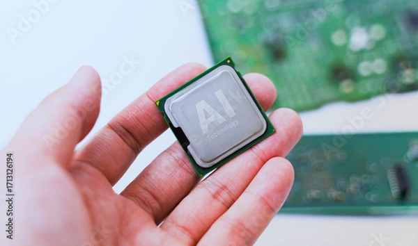 Fototapeta Hands positioning an AI processor on a green motherboard, symbolizing artificial intelligence hardware integration and development. Ai chip.