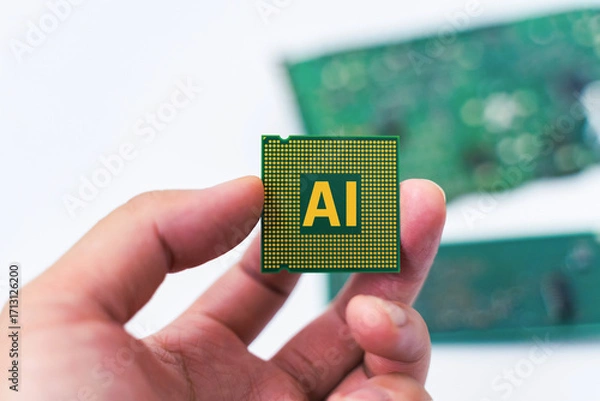 Fototapeta Close-up of human hand holding AI-labeled microchips with blurred circuit boards in background, representing artificial intelligence hardware.