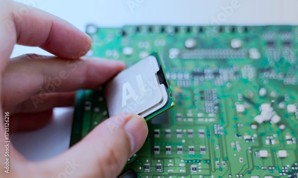 Fototapeta Hands positioning an AI processor on a green motherboard, symbolizing artificial intelligence hardware integration and development. Ai chip.