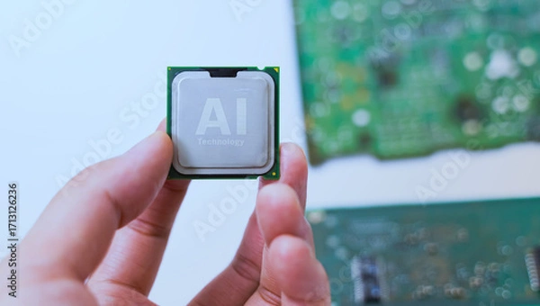 Fototapeta Hand holding AI-labeled microchips with blurred circuit boards in background, representing artificial intelligence hardware.