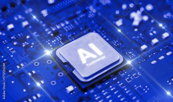 Fototapeta AI microchip installed on glowing blue motherboard, representing artificial intelligence technology and futuristic computing.