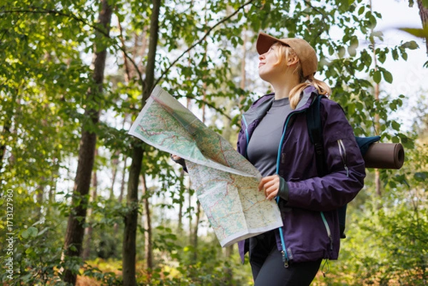 Fototapeta Woman hiker reading map during forest trekking