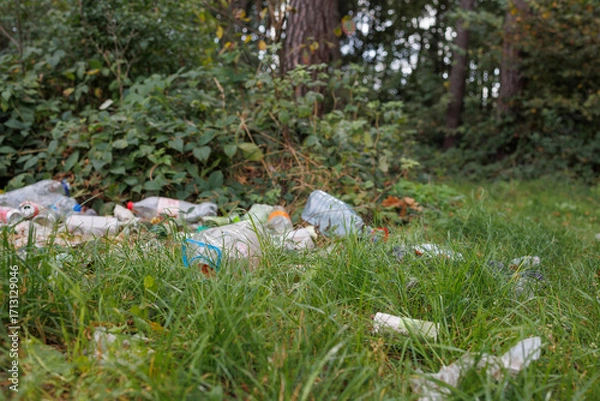 Fototapeta Environmental pollution with plastic waste and bottles in nature