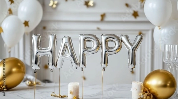Fototapeta Stylish silver balloons forming "HAPPY" placed among sparkling tinsel and decorative balls, minimalist composition with an elegant festive atmosphere.