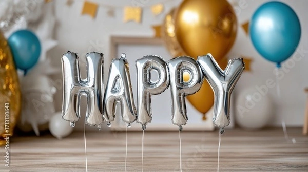 Fototapeta Glossy silver foil balloons spelling the word "HAPPY" with shimmering tinsel and decorative spheres, soft light highlighting a festive and elegant mood.