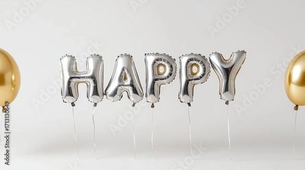 Fototapeta Shiny silver foil balloons spelling out "HAPPY" arranged in a modern minimalist scene, illuminated with soft light, creating an elegant and celebratory mood.