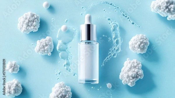 Fototapeta Minimalist skincare serum with dropper, glowing microparticles resembling exosomes, set in futuristic lab environment, soft blue lighting highlighting scientific and luxury beauty.