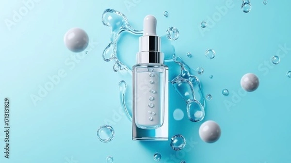 Fototapeta Skincare serum bottle with dropper, surrounded by glowing exosome-like particles, in high-tech lab setting, soft blue light, clean minimalist background emphasizing innovation.