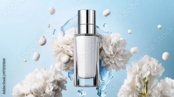 Fototapeta Glass skincare serum bottle with silver cap, glowing exosome-like microparticles around it, futuristic lab setting, soft blue light, clean minimalist background highlighting innovation.