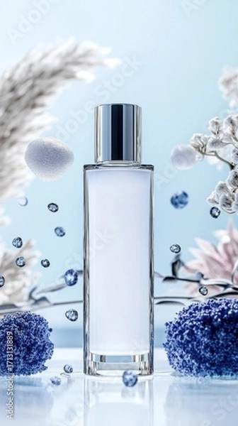 Fototapeta High-tech skincare serum in glass bottle with silver cap, glowing exosome microparticles, soft blue light, clean minimalist lab background, emphasizing innovation and luxury.