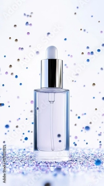 Fototapeta Clear glass bottle with dropper, glowing exosome-like microparticles around it, set in high-tech lab environment, soft blue lighting, clean minimalist background emphasizing scientific innovation.