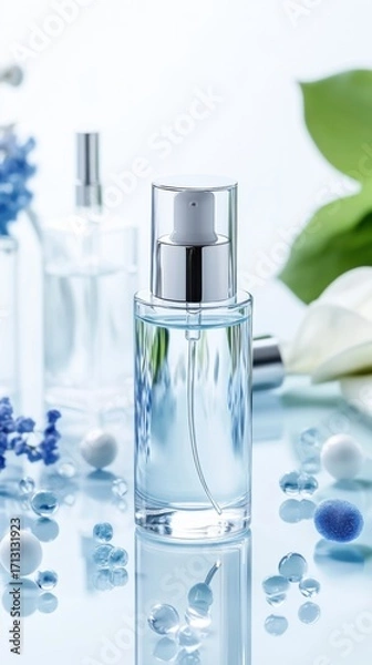 Fototapeta Clear glass serum bottle with dispenser, glowing exosome-like microparticles, set in futuristic lab environment, soft blue lighting, clean minimalist background highlighting science and innovation.