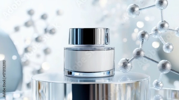 Fototapeta Skincare jar with silver lid and bioengineered peptides, displayed on futuristic glass platform with molecular structures, soft diffused light emphasizing innovation and luxury beauty.