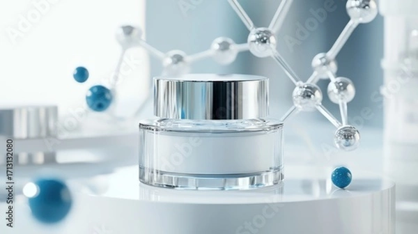 Fototapeta Round glass skincare jar with silver lid, enriched with bioengineered peptides, on futuristic glass platform, surrounded by molecular structures, soft glowing light, showcasing scientific beauty.