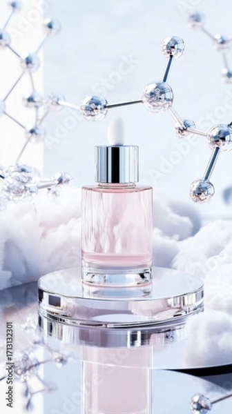 Fototapeta Transparent soft pink skincare bottle with dropper on futuristic glass platform, surrounded by molecular structures, glowing soft light, showcasing beauty and scientific innovation.