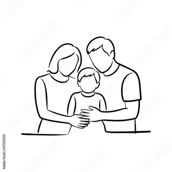 Fototapeta Loving family of three embracing line art, representing unity, connection, and support for family values, perfect for illustrating family bonds and relationships