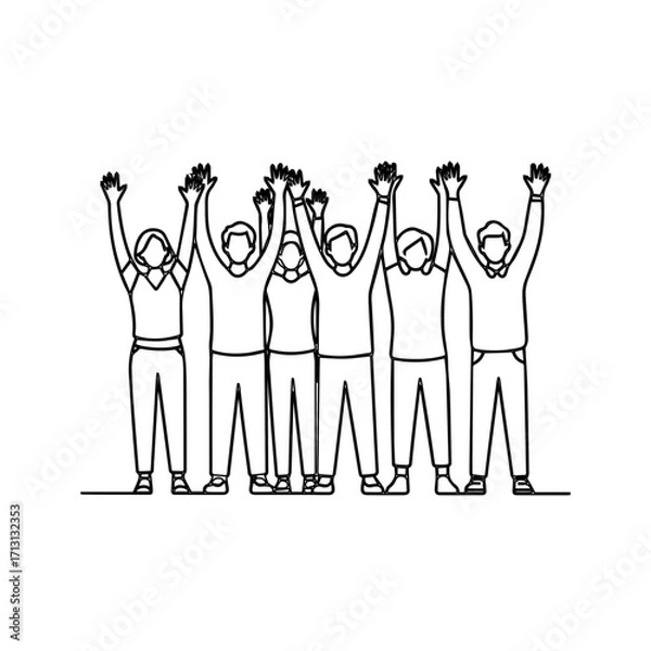 Fototapeta Line drawing of a joyful crowd celebrating together, ideal for teamwork, community, and success concepts, originally created as scalable vector art