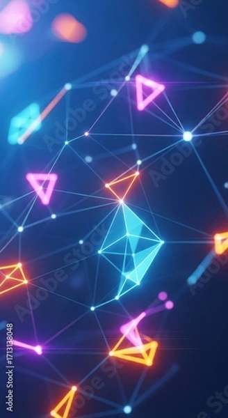 Fototapeta Abstraktes digitales Netzwerk mit leuchtenden geometrischen Formen.