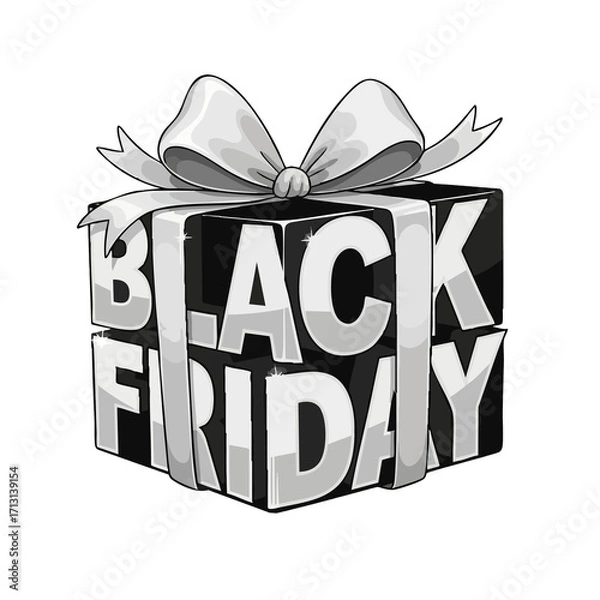 Fototapeta A black friday gift box with a silver ribbon and text on a black background for holiday shopping