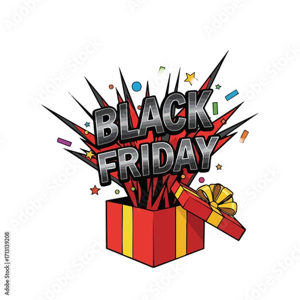 Fototapeta Black friday text over gift box with confetti on a black background promotional image design