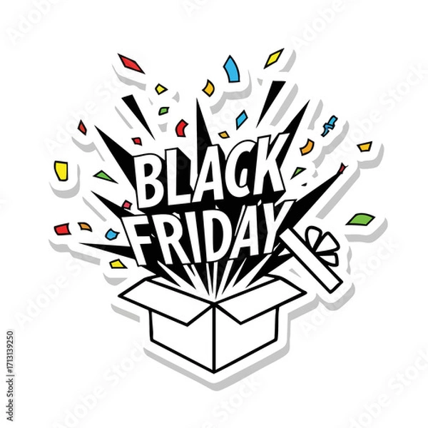 Fototapeta A black friday box with confetti and a bow on a black background for holiday shopping sales event