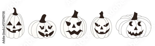 Fototapeta Set of Halloween black and white pumpkins with carved scary faces. Collection in different funny shapes and expressions