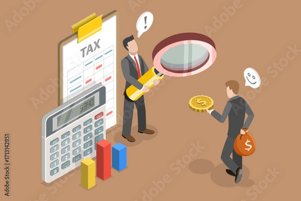 Fototapeta 3D Isometric Flat Vector Illustration of Tax Evasion, Highlighting Tax Avoidance And Maximizing After-Tax Income While Minimizing Legitimate Taxes