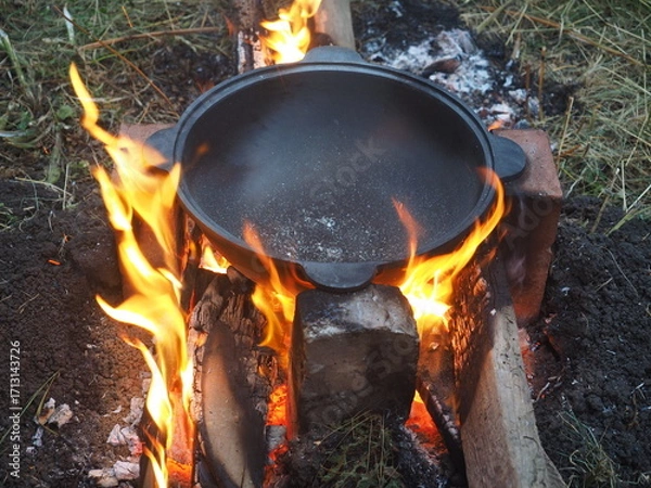 Fototapeta fire in a fireplace The first firing of the cauldron on an open fire